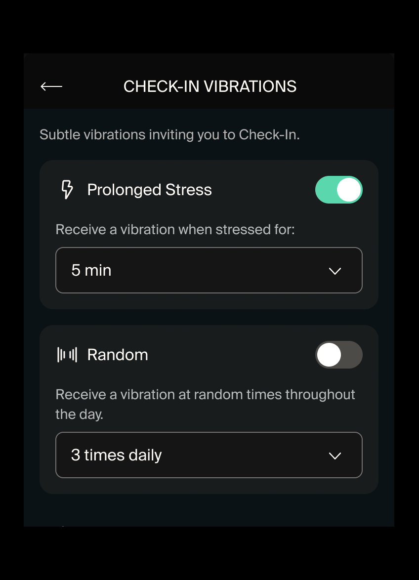 A screenshot of the NOWATCH app showing Check-In Vibrations A screenshot of the NOWATCH app showing Check-In Vibrations