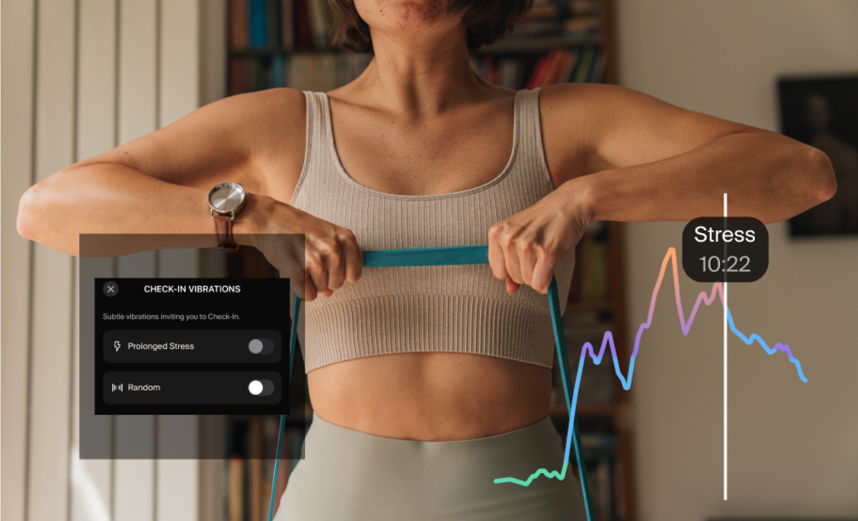 Woman in the middle of a workout routine with an overlay of her stress levels Woman in the middle of a workout routine with an overlay of her stress levels